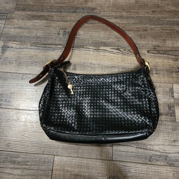 Black leather Fossil Purse weaved leather very clean - Picture 1 of 15